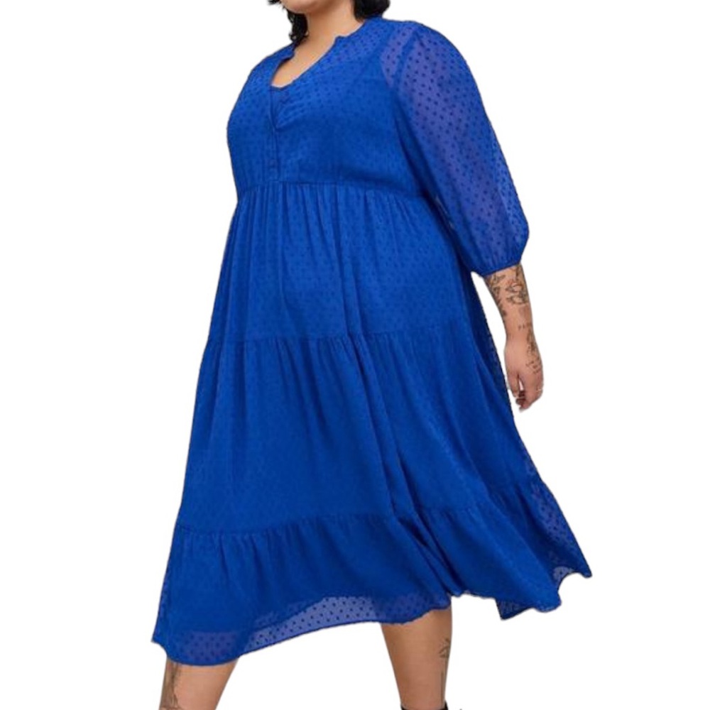 NWT Maxi Chiffon Clip Dot Pleated Dress Blue Swiss Dot Tiered Maxi Dress size 2X